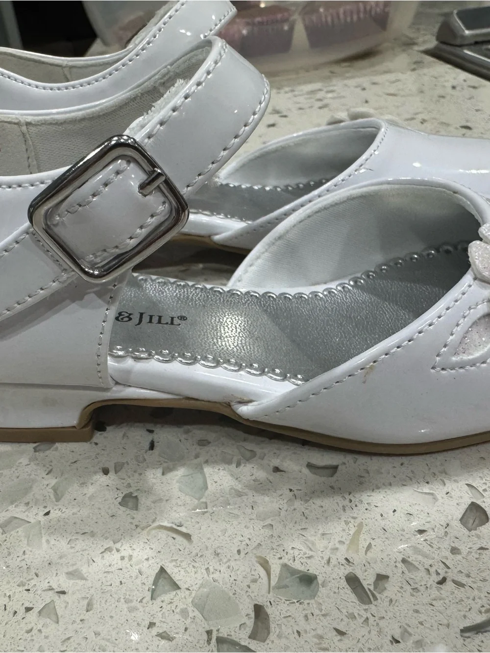Children's White Mary Jane Dress Shoes with Flower Accent